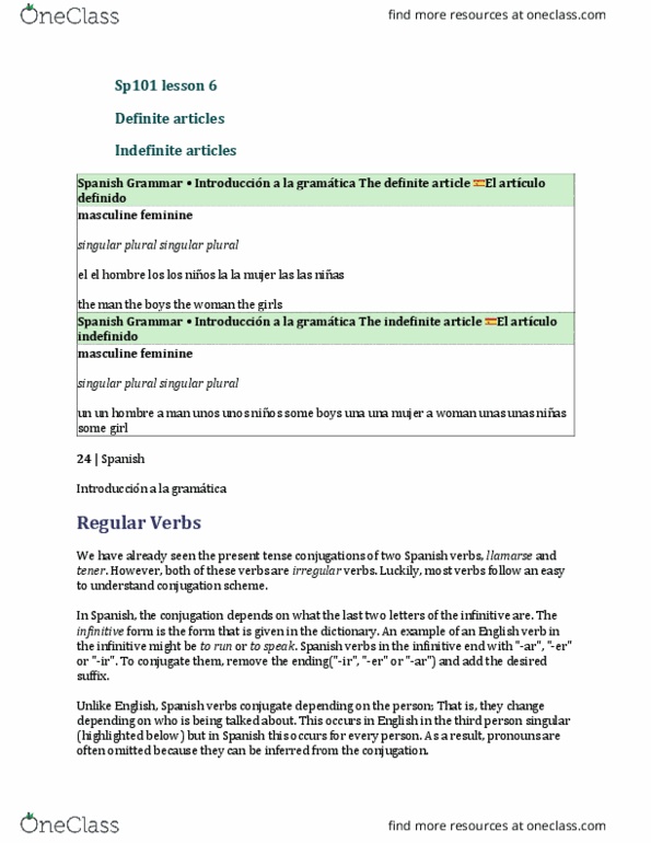 SP101 Lecture Notes - Lecture 6: Spanish Verbs, Infinitive, Spanish Grammar thumbnail