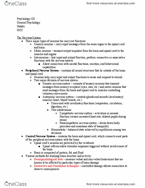 PSYCH 101 Lecture Notes - Lecture 7: Midbrain, Sympathetic Nervous System, Neuropsychological Test thumbnail