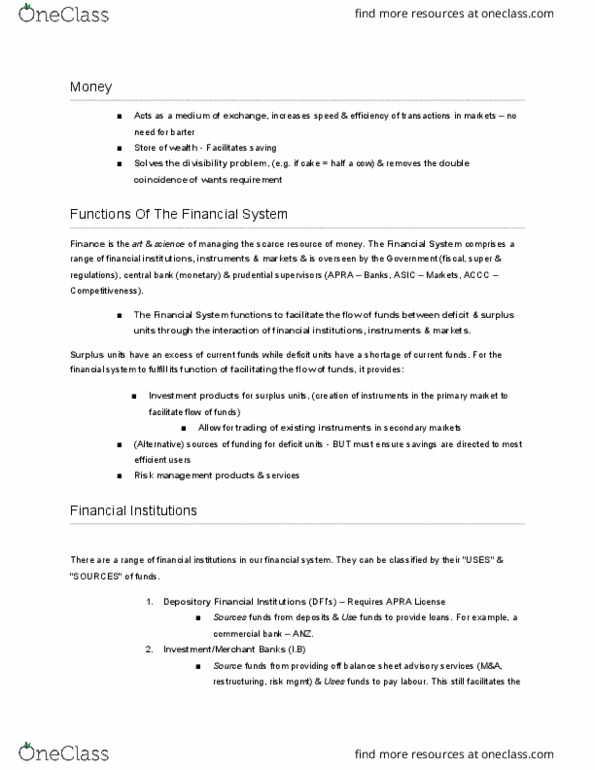 FINS1612 Chapter Notes - Chapter 1: Commercial Bank, Financial Intermediary, Financial Transaction thumbnail