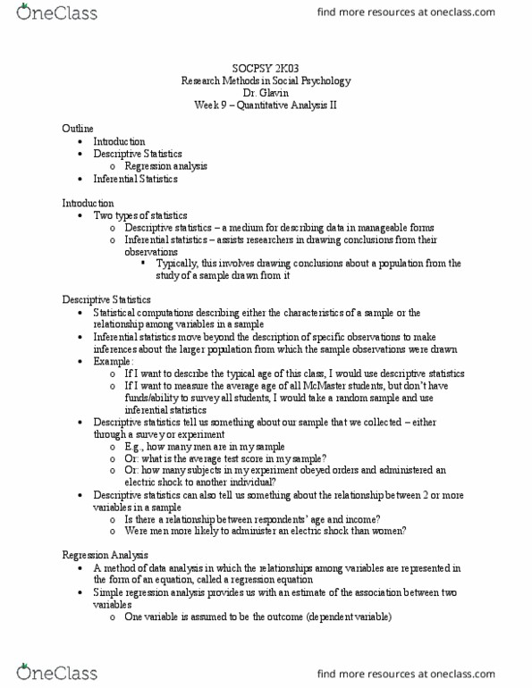 SOCPSY 2K03 Lecture Notes - Lecture 9: Statistical Inference, Simple Random Sample, Regression Analysis thumbnail