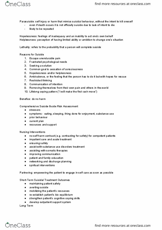 NURS 224 Lecture Notes - Lecture 20: Nursing Diagnosis, Suicide Attempt, Benefice thumbnail