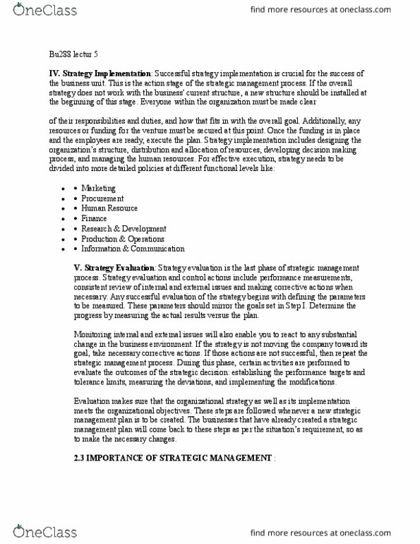 BU288 Lecture Notes - Lecture 5: Strategic Management thumbnail