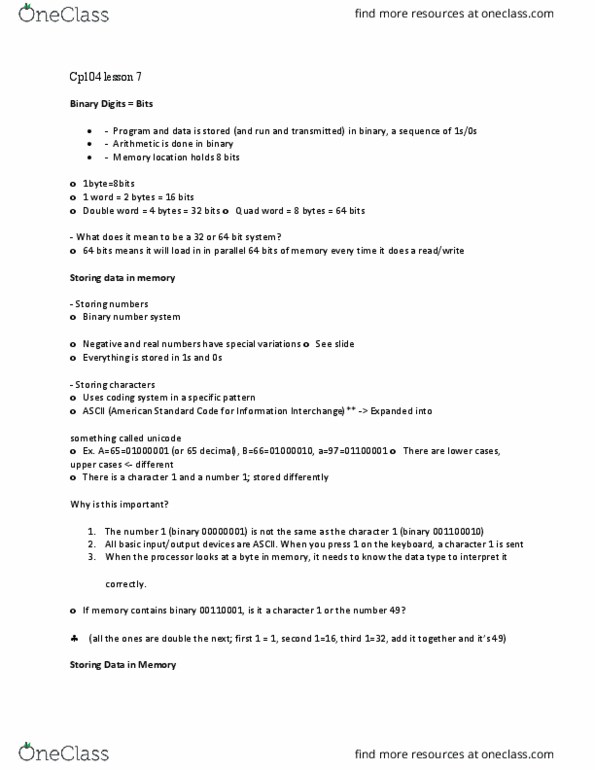 CP104 Lecture Notes - Lecture 7: Binary Number, Readwrite thumbnail