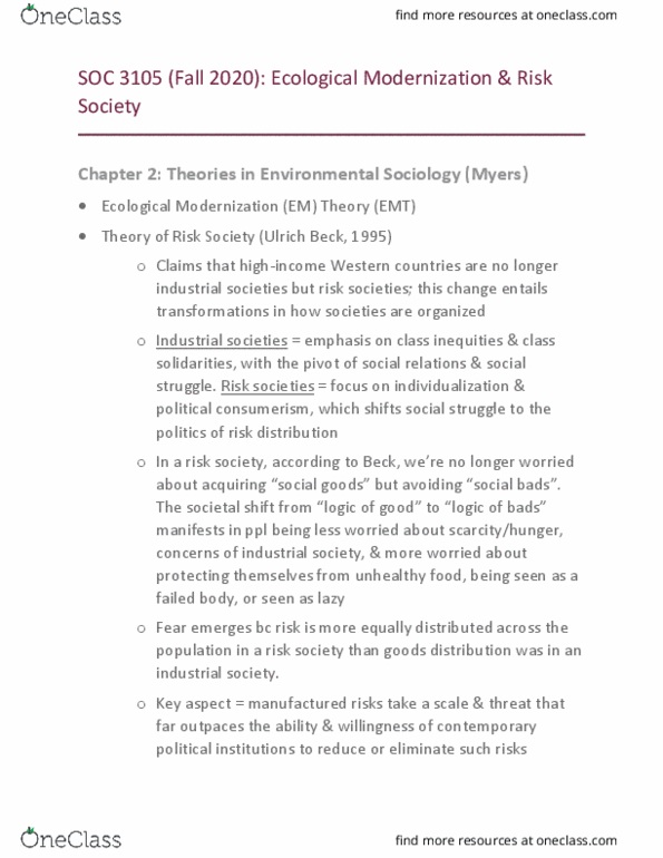 SOC 3105 Lecture Notes - Lecture 3: Organic Food, Novel Ecosystem, Environmental Policy thumbnail