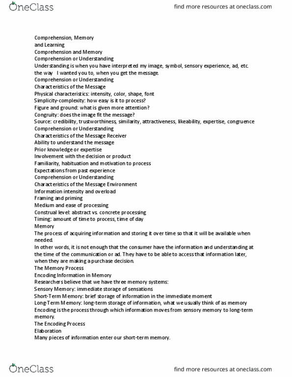 MKTG 35035 Lecture Notes - Lecture 14: Sensory Memory, Habituation, Toothpaste thumbnail