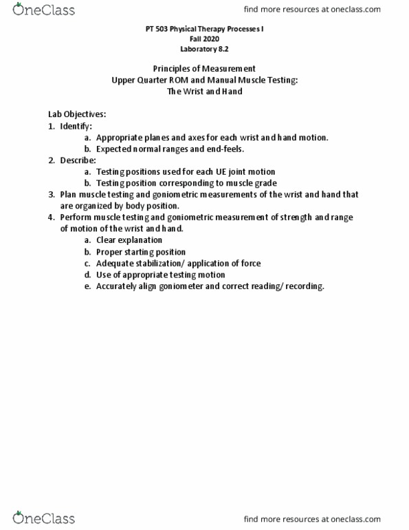 PT 503L Lecture Notes - Lecture 10: Goniometer, Upper Guelders, Extensor Digitorum Muscle thumbnail