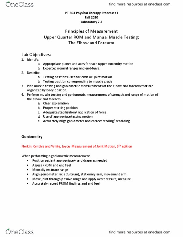 PT 503L Lecture Notes - Lecture 8: Goniometer, Upper Guelders, Brachialis Muscle thumbnail