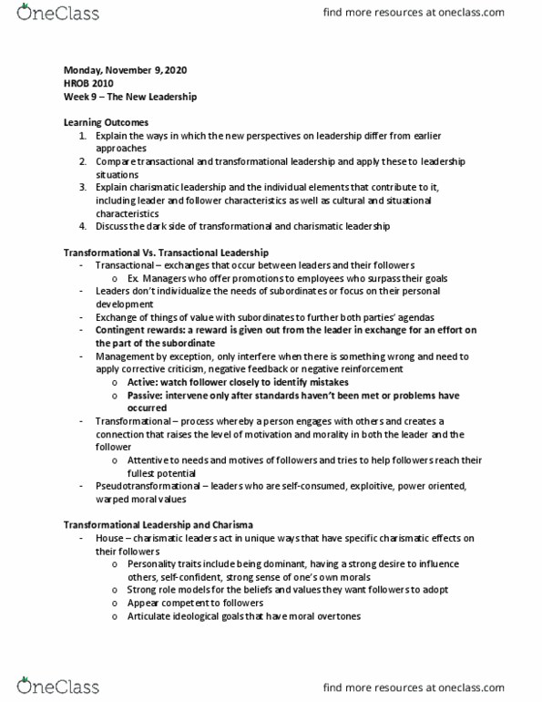 HROB 2010 Lecture Notes - Lecture 9: Transformational Leadership, Reinforcement thumbnail