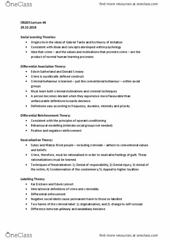 CRI205H1 Lecture Notes - Lecture 6: Labeling Theory, Gabriel Tarde, Operant Conditioning thumbnail