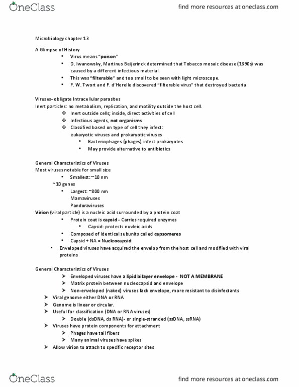 BIOL 230 Lecture Notes - Lecture 13: Martinus Beijerinck, Tobacco Mosaic Virus, Rna Virus thumbnail