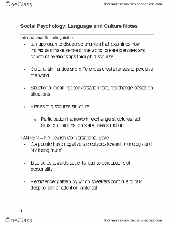 PSYC 3402 Lecture Notes - Lecture 10: Discourse Analysis, Sociolinguistics, Paralanguage thumbnail