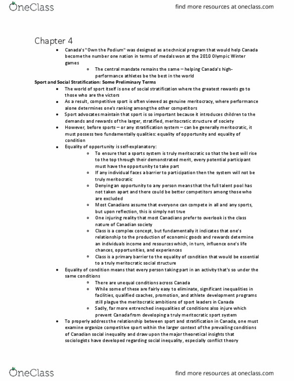 Kinesiology 2250A/B Chapter Notes - Chapter 4: 2010 Winter Olympics, Sport Canada, Social Stratification thumbnail