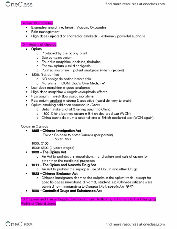 PS268 Lecture Notes - Lecture 10: Analgesic, Codeine, Opioid thumbnail