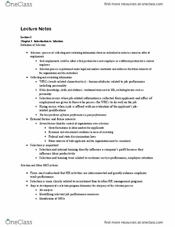 MGT 461 Lecture Notes - Lecture 1: Employee Retention, Job Performance, Job Analysis thumbnail