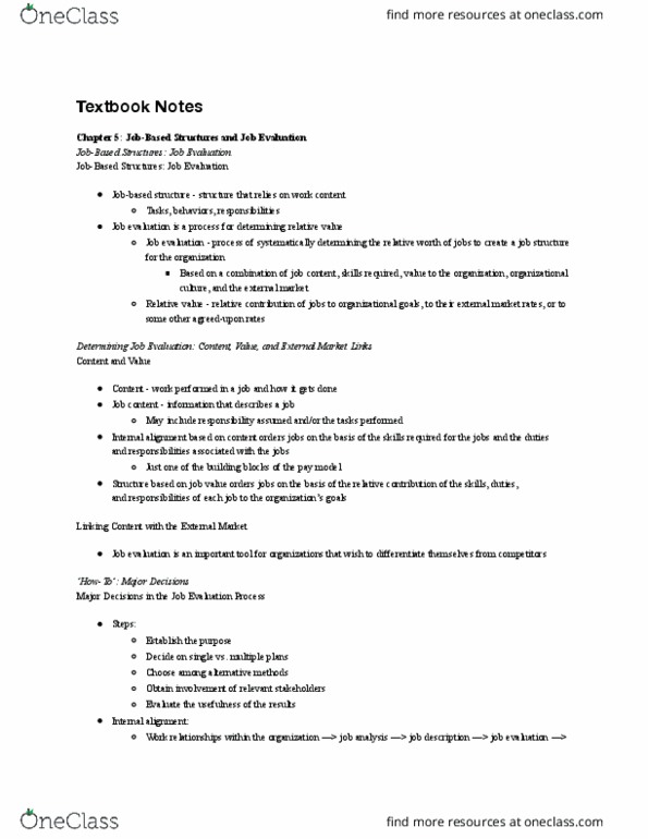 MGT 462 Chapter Notes - Chapter 5: Job Evaluation, Job Analysis, Organizational Culture thumbnail