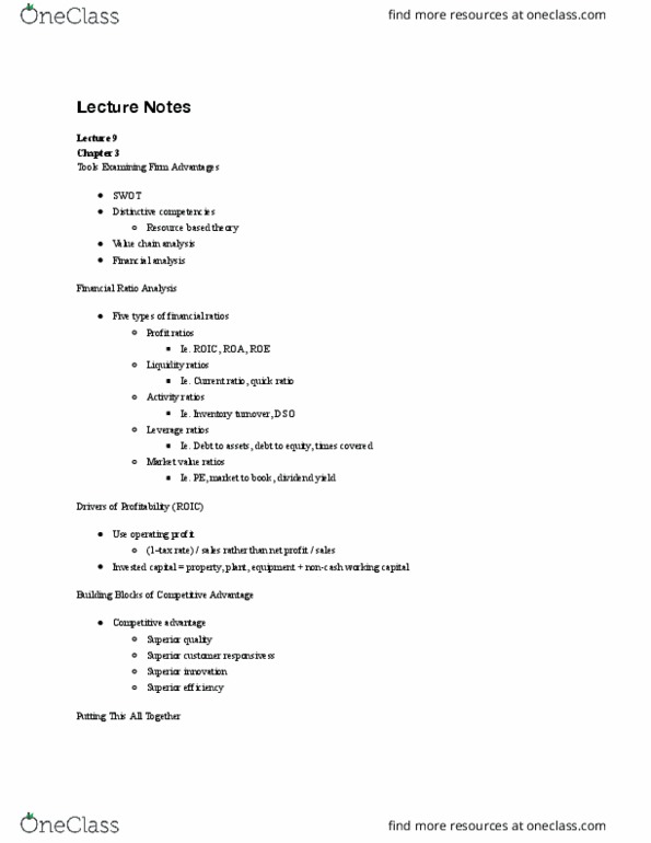 B A 405 Lecture Notes - Lecture 9: Inventory Turnover, Competitive Advantage, Quick Ratio thumbnail