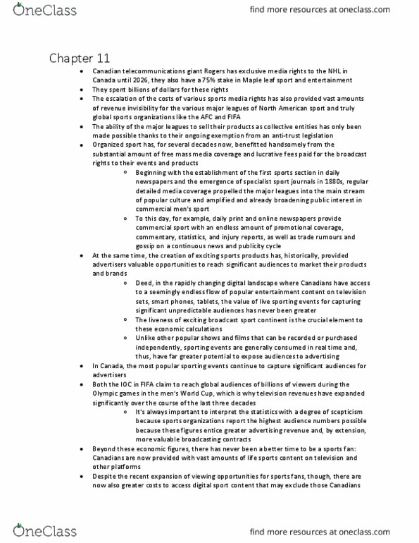 Kinesiology 2250A/B Chapter Notes - Chapter 11: Maple Leaf, Rogers Tv, Canadian Content thumbnail