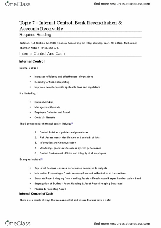 ACCT1501 Chapter Notes - Chapter 7: Bank Reconciliation, Internal Control, Financial Statement thumbnail