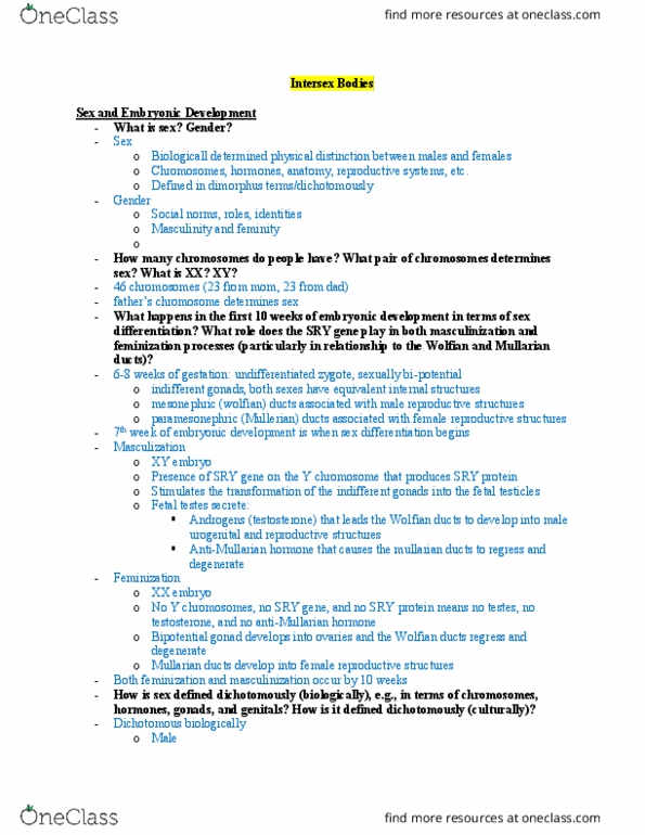 SOC 3350 Lecture Notes - Lecture 4: Turner Syndrome, Zygote, David Reimer thumbnail