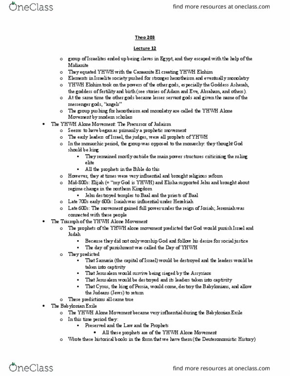 THEO 203 Lecture Notes - Lecture 12: Asherah, Theodicy, Monolatrism thumbnail