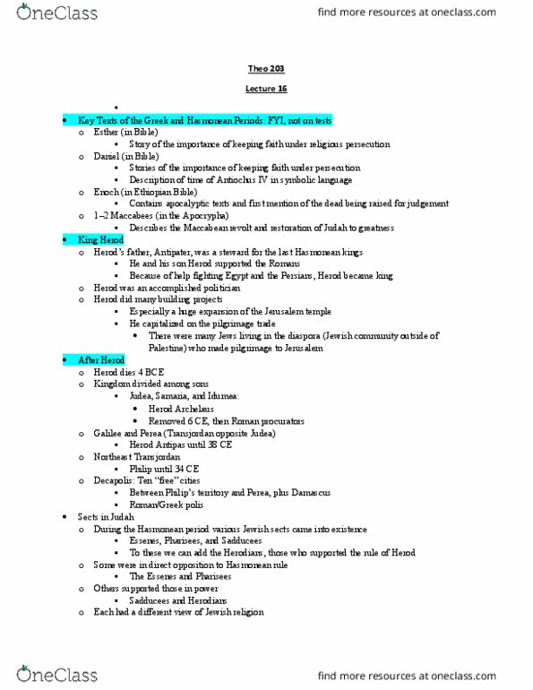 THEO 203 Lecture Notes - Lecture 16: Sadducees, Decapolis, Essenes thumbnail