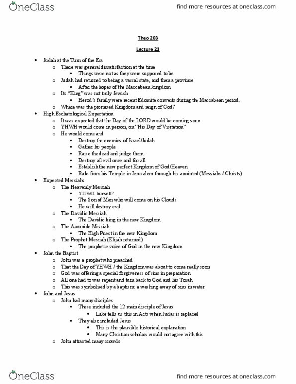 THEO 203 Lecture Notes - Lecture 21: Messiah In Judaism, Maccabees thumbnail