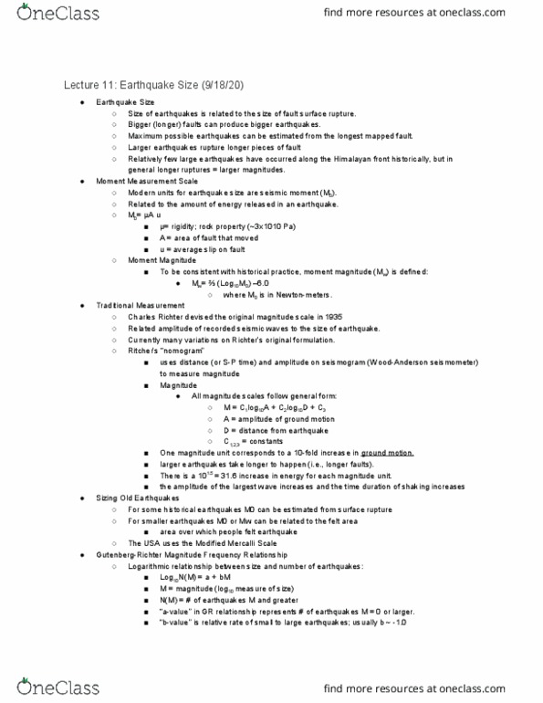 GEOL 213 Lecture Notes - Lecture 11: Mercalli Intensity Scale, Seismometer, Seismogram thumbnail