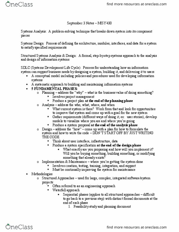 MISY430 Lecture Notes - Lecture 2: User Story, System Integration, Systems Development Life Cycle thumbnail