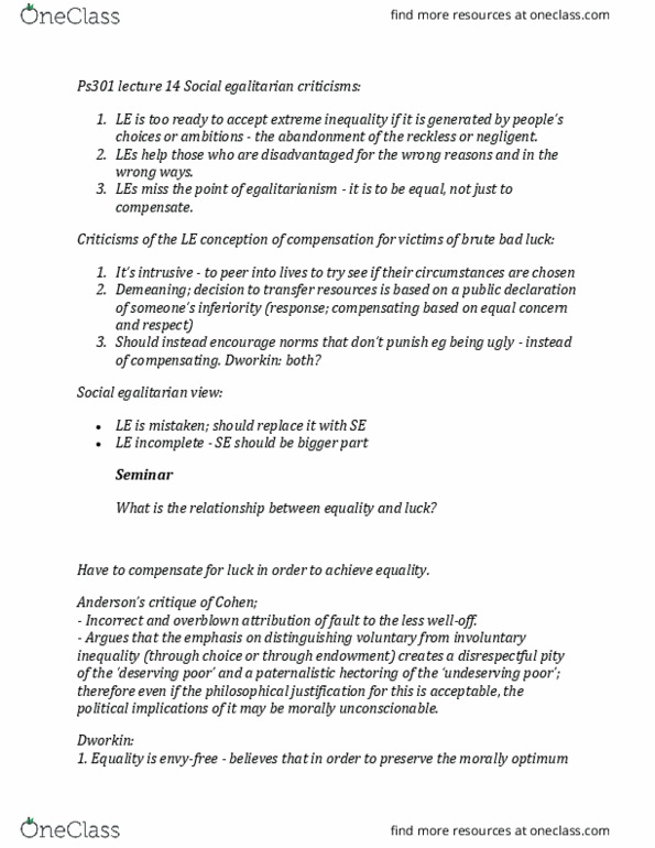 PO301 Lecture Notes - Lecture 14: Envy-Freeness, Egalitarianism thumbnail