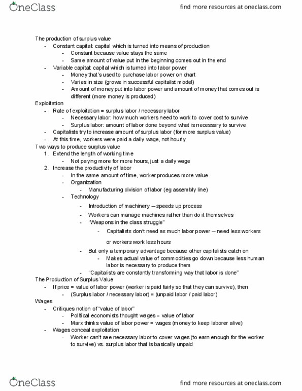 SOCIOL 101 Lecture Notes - Lecture 5: Surplus Labour, Labour Power, Constant Capital thumbnail