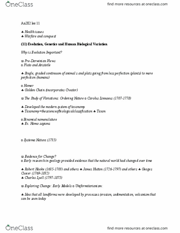 AN202 Lecture Notes - Lecture 11: Binomial Nomenclature, James Hutton, Robert Hooke thumbnail