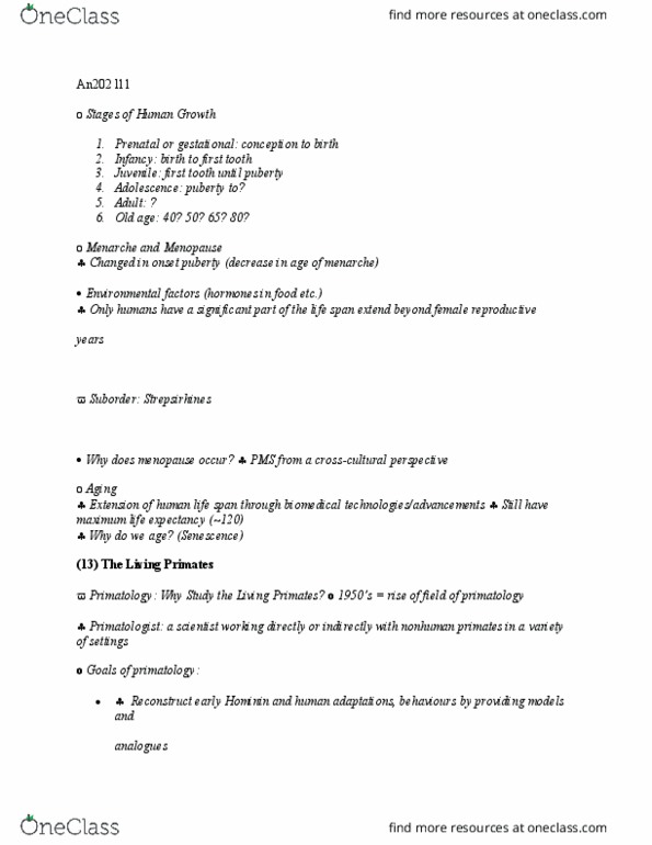 AN202 Lecture Notes - Lecture 11: Primatology, Menarche, Menopause thumbnail