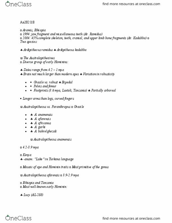 AN202 Lecture Notes - Lecture 18: Turkana Language, Australopithecus Anamensis, Australopithecus Garhi thumbnail