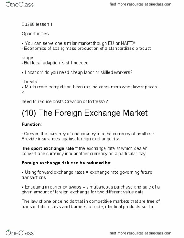 BU288 Lecture Notes - Lecture 1: North American Free Trade Agreement, The Foreign Exchange, Foreign Exchange Risk thumbnail
