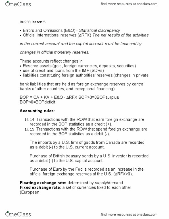 BU288 Lecture Notes - Lecture 5: Floating Exchange Rate, Capital Account, Fixed Exchange-Rate System thumbnail