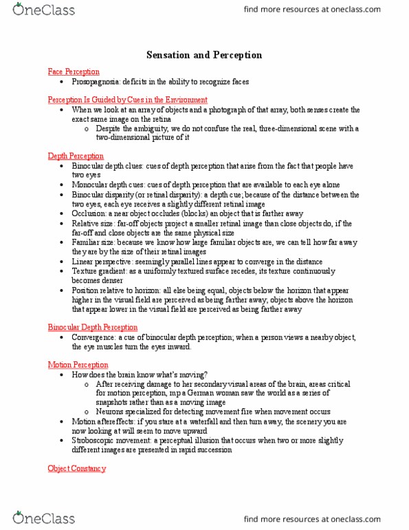 PSY 200 Lecture Notes - Lecture 21: Retina, Depth Perception, Binocular Disparity thumbnail