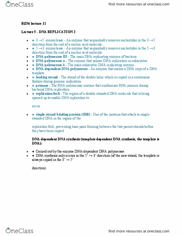 BI256 Lecture Notes - Lecture 11: Dna Replication, Exonuclease, Primase thumbnail