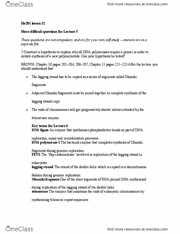 HE201 Lecture Notes - Lecture 32: Endonuclease, Telomerase, Phosphodiester Bond thumbnail