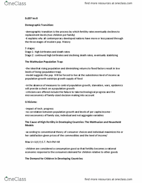 EC207 Lecture Notes - Lecture 8: Microeconomics, Diminishing Returns, Demographic Transition thumbnail