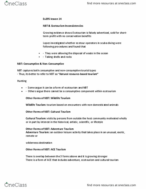 ES295 Lecture Notes - Lecture 14: Ecotourism thumbnail