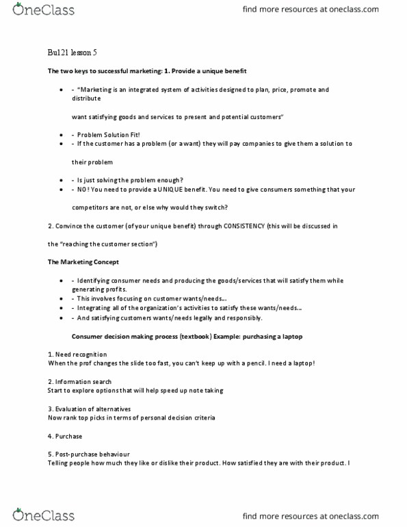 BU121 Lecture Notes - Lecture 5: Customer Relationship Management thumbnail