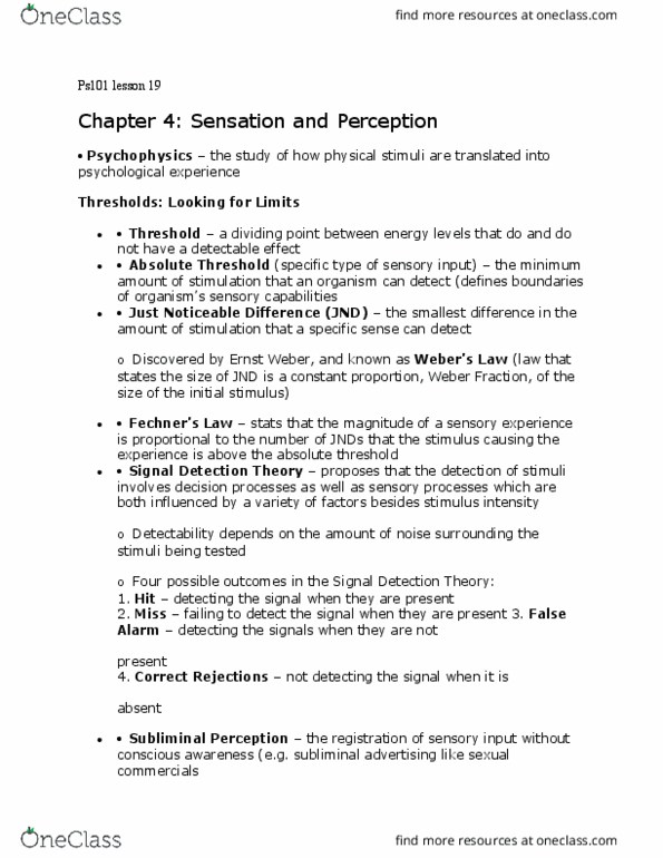 PS101 Lecture Notes - Lecture 19: Subliminal Stimuli, Psychophysics, Detection Theory thumbnail