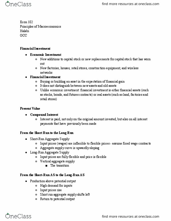 ECON 102 Lecture Notes - Lecture 22: Aggregate Supply, Aggregate Demand, Longrun thumbnail