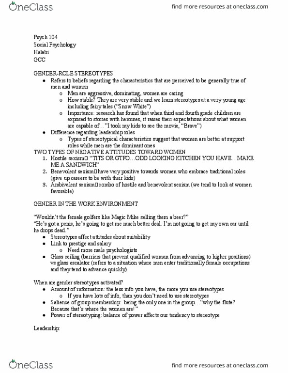 PSYCH 104 Lecture Notes - Lecture 9: Magic Mike, Glass Ceiling, Escalator thumbnail