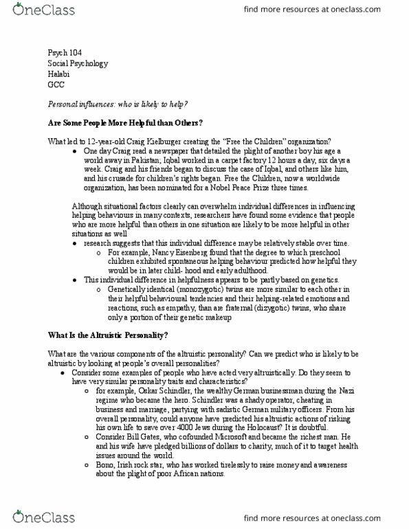 PSYCH 104 Lecture Notes - Lecture 30: Craig Kielburger, Oskar Schindler, Psych thumbnail