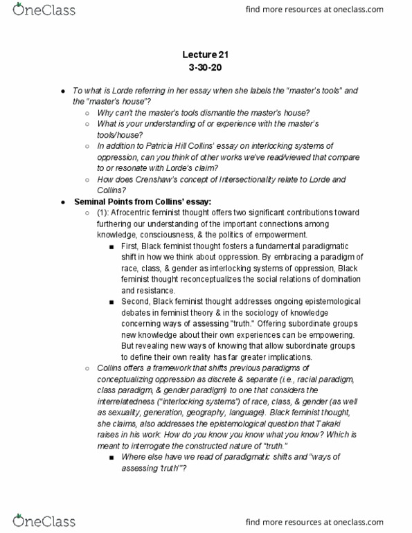 ETH STD 11AC Lecture Notes - Lecture 21: Toni Cade Bambara, Knowledge, Intersectionality thumbnail