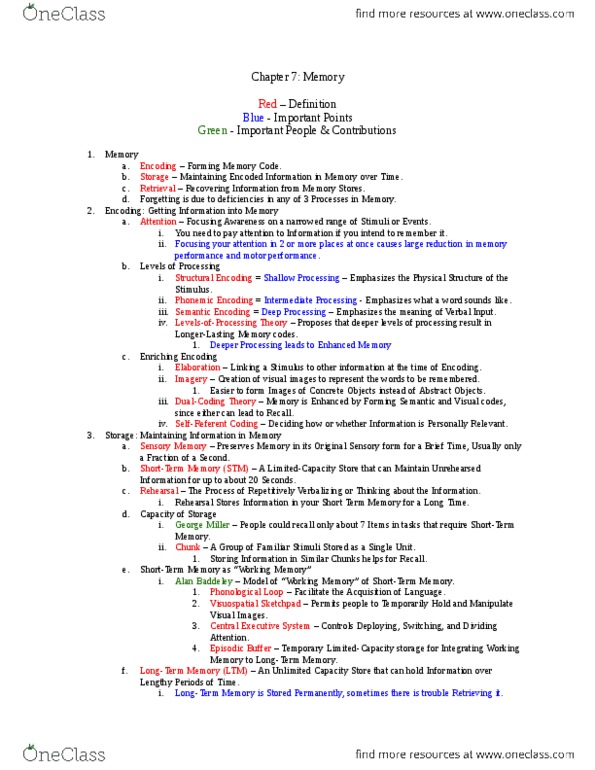PSYC 1001 Chapter Notes - Chapter 7: Eric Kandel, Hermann Ebbinghaus, Endel Tulving thumbnail