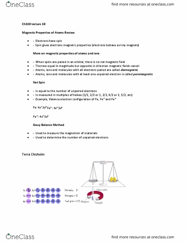 CH110 Lecture Notes - Lecture 10: Valence Electron, Gouy Balance, Electron Configuration thumbnail