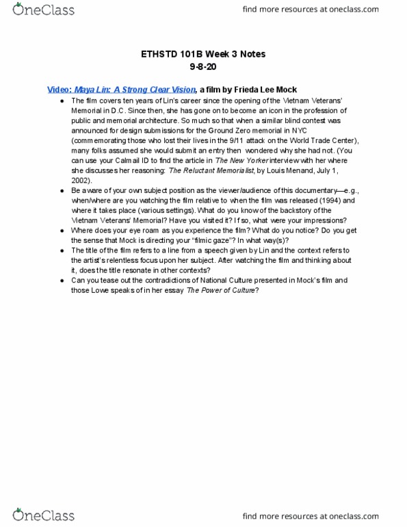 ETH STD 101B Lecture Notes - Lecture 3: Vietnam Veterans Memorial, Maya Lin, Louis Menand thumbnail