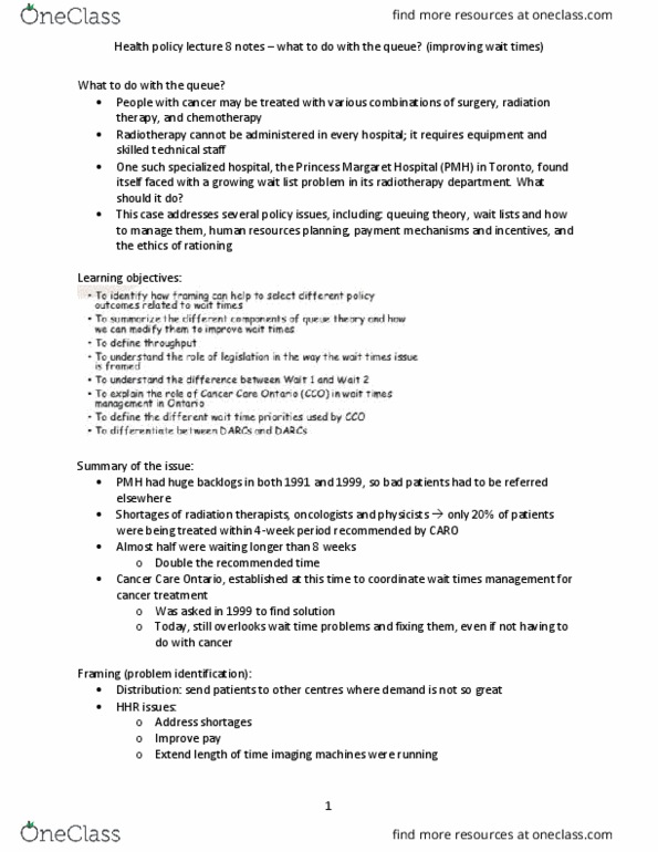 Health Sciences 3400A/B Lecture Notes - Lecture 8: Cancer Care Ontario, Queueing Theory, Radiation Therapy thumbnail